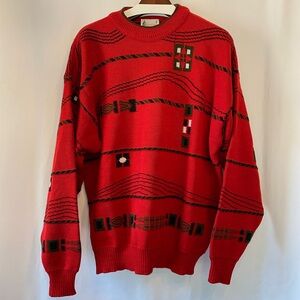 Vintage London Fog Red Patterned Wool Blend Grandpa Fisherman Sweater Men's LG